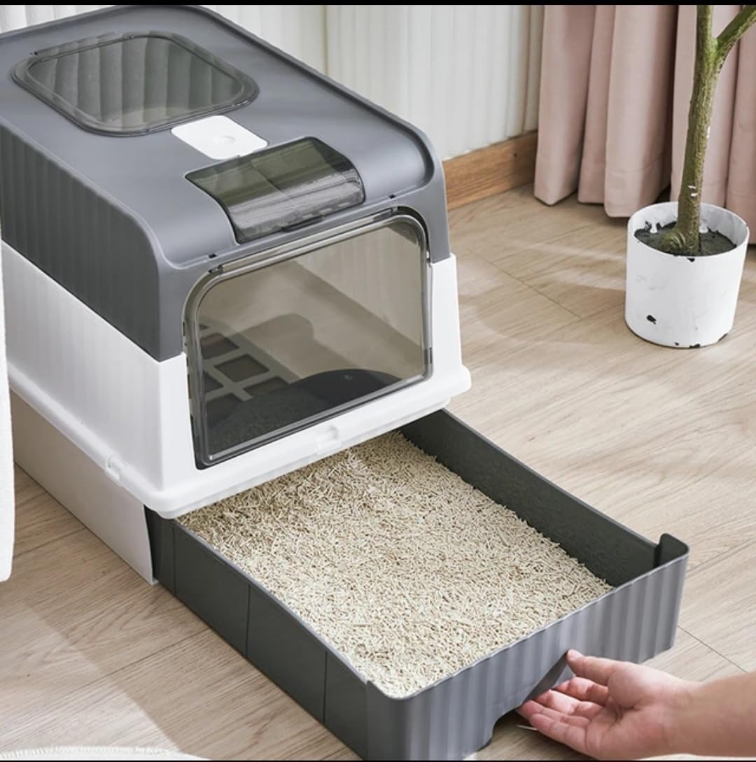 Double Door Cat Litter Box with UV light & Scoop تعقيم بالاشاعة فوق البنفسجية Size: 50*35*37CM